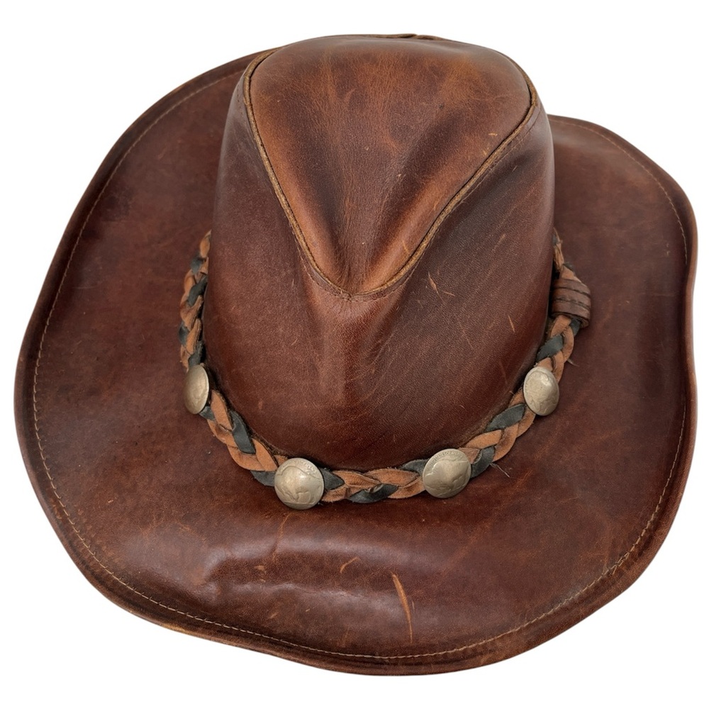 Vintage Henschel Distressed Brown Leather Hat Braided Trim Silver Medallions M
